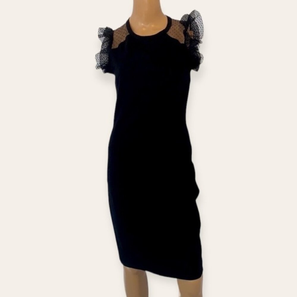 Red VALENTINO  Black Lace Sleeves Swiss Dot Midi Evening Dress Size Medium